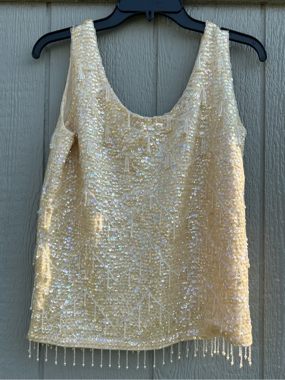 Vintage 1960s Cream Wool Sequin & Beaded Fringe Shell Top